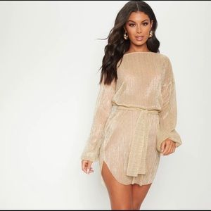 Gold Balloon Sleeve Sheer Shift Dress